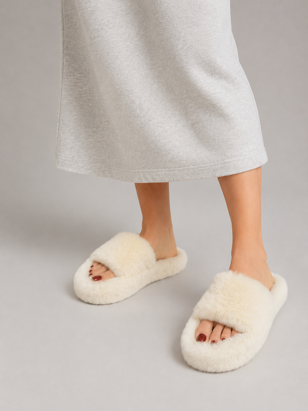 Fluffy Faux Fur Slide Slippers - Women's Open Toe Soft Indoor Loungewear Shoes