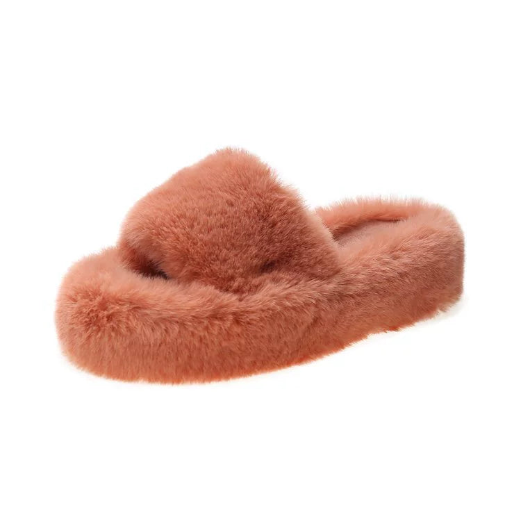 Fluffy Faux Fur Slide Slippers - Women's Open Toe Soft Indoor Loungewear Shoes