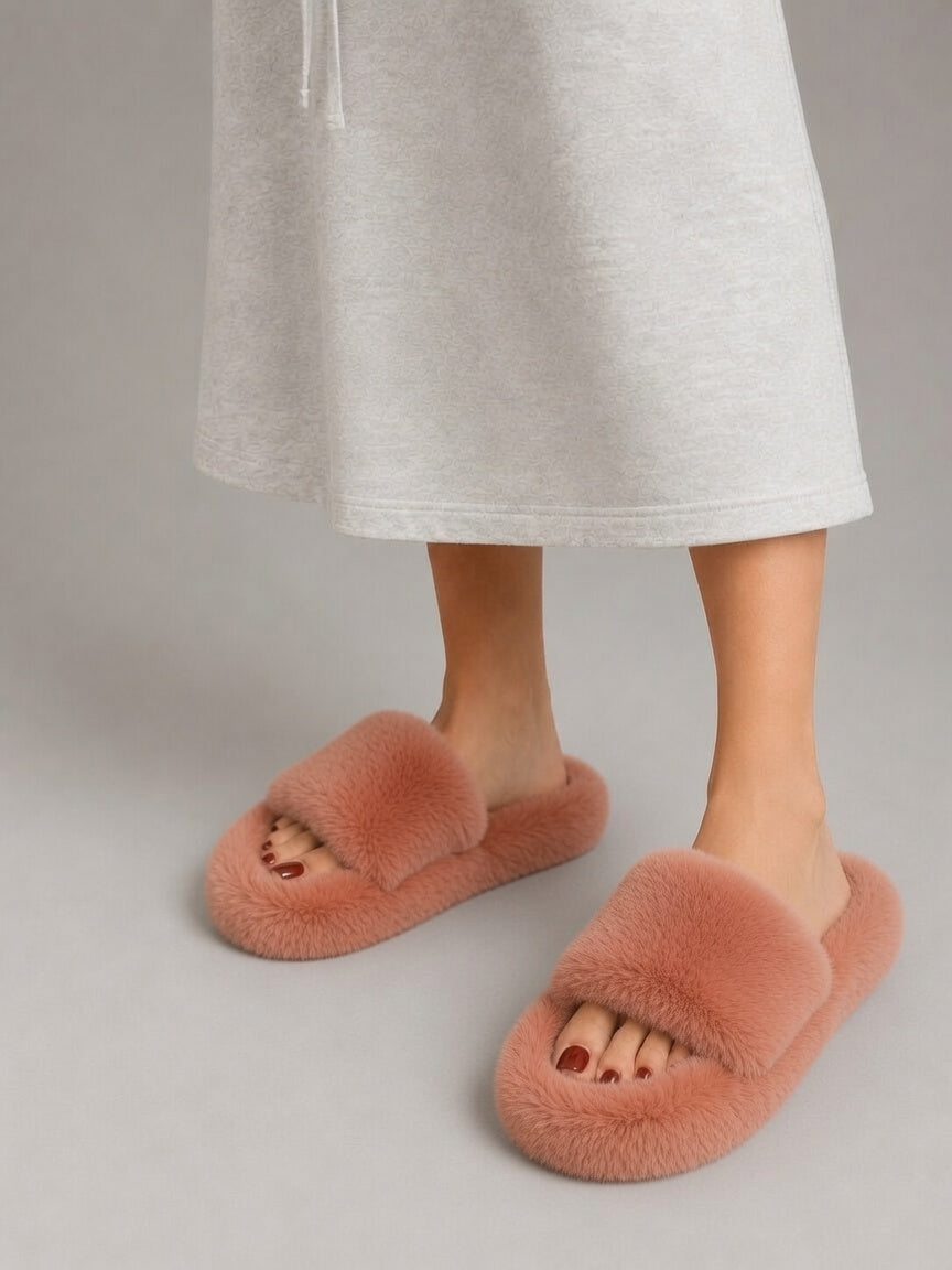 Fluffy Faux Fur Slide Slippers - Women's Open Toe Soft Indoor Loungewear Shoes