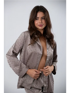 Satin Leopard Pajama Trouser Set - Tonal Jacquard Button Up Long Sleeve Loungewear