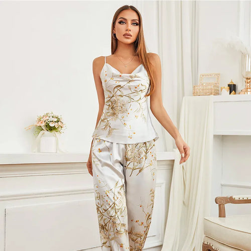 Botanical Print Satin Pajama Set - Silk-Like Cami and Trousers Sleepwear