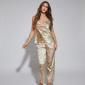Botanical Print Satin Pajama Set - Silk-Like Cami and Trousers Sleepwear