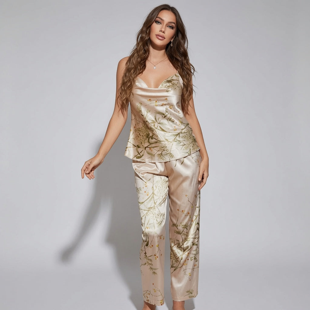 Botanical Print Satin Pajama Set - Silk-Like Cami and Trousers Sleepwear