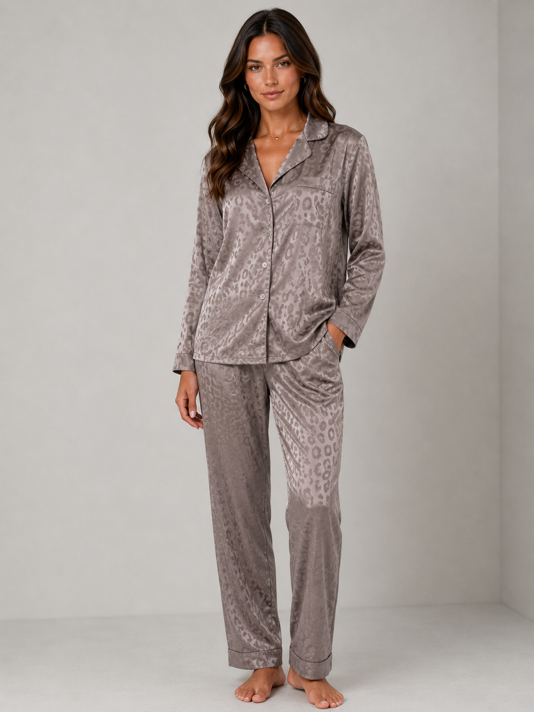 Satin Leopard Pajama Trouser Set - Tonal Jacquard Button Up Long Sleeve Loungewear
