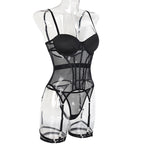 Black Sheer Mesh Corset Lingerie Set | Underwire Bustier with Garters